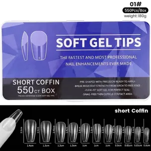 Comprehensive size chart for 550pcs short coffin soft gel nail tips with dimensions