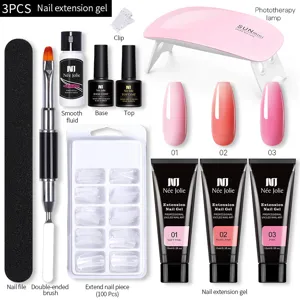 Vista detallada del set de gel de extensión de uñas de 3 colores con pincel y lámpara UV