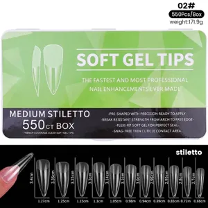 Professional clear medium stiletto soft gel nail tips 550 piece box with size chart measurements
