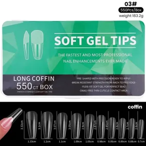 Detailed size chart for 550pcs clear long coffin soft gel nail tips showing dimensions.