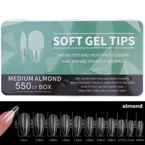 Detail view showing the sizes of 550 pieces medium almond soft gel nail tips and box