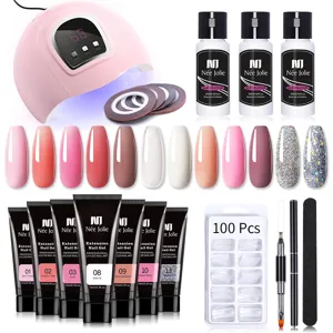 Kit professionale gel ricostruzione unghie 15ml con lampada UV e 7 colori vari.