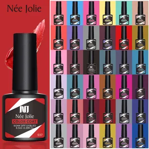Affichage en grille des couleurs de vernis à ongles gel UV Née Jolie avec un ton rouge.