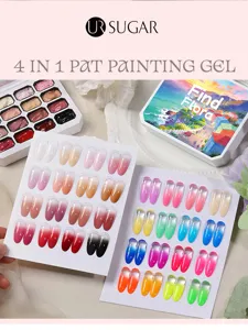 Detailed view of 16-color solid painting gel palette and gradient nail tip displays