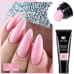 Vista detallada del gel de extensión de uñas rosa suave con resultados y tubo de 15ml.