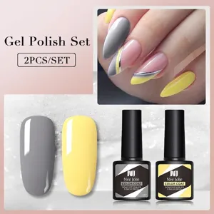 Vista dettagliata del set di smalti gel grigio e giallo da 2 pezzi della Née Jolie