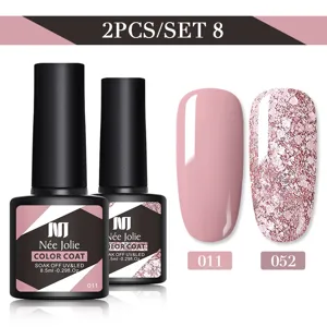 Dettaglio set smalto gel 8,5 ml con tonalità rosa pieno e rosa glitter.