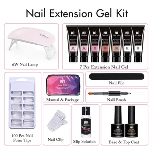 Comprehensive nail extension gel kit including 6W UV lamp, 7 color gels and essential tools
