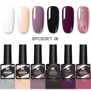 Vista detallada del set de esmaltes de uñas en gel de 6 colores con muestras