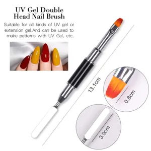 Detailed view of dual-ended UV gel nail art brush and spatula tool with measurements