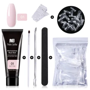 Vista detallada del kit de gel de extensión de uñas de 15ml con sus accesorios.