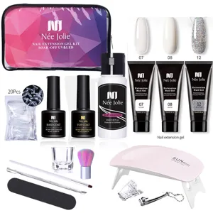 Vista dettagliata del kit gel per extension unghie da 15ml con lampada UV e strumenti