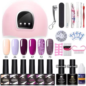 Kit completo per unghie in gel con lampada UV LED rosa, 6 colori, base top coat e kit