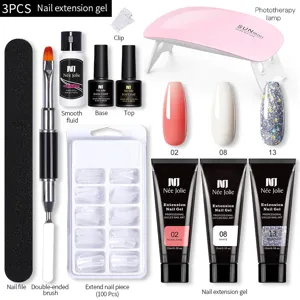Kit completo de gel de extensión de uñas de 15 ml con lámpara UV, 3 colores, pincel y tips