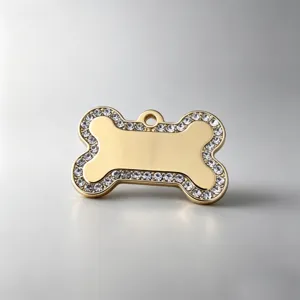 Sparkling Rhinestone Bone Pet ID Tag Metal Dog Collar Pendant Custom Engraved Charm