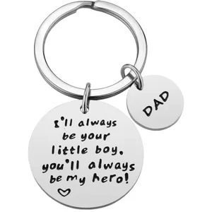 Stainless steel dad keychain engraved with inspiring message, perfect father gift detail.