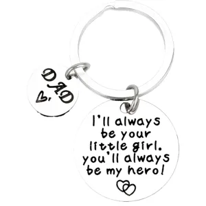 Stainless steel dad keychain detail view, emotional engraved quote pendant for father gift accessory.