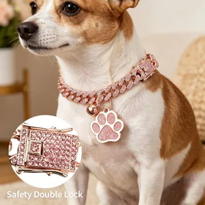 Hip Hop Pet Cuban Link Chain Necklace Alloy Rhinestone Inlaid Cat Paw Pendant Adjustable Dog Cat Collar Jewelry Accessory