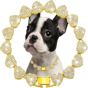 Hip Hop Καρδιά Στρας Κολάρο Κατοικιδίων Κράμα Bling Κουβανέζικη Αλυσίδα για Γάτες Σκύλους Κοσμήματα Μόδας Χρυσό Ασημί Αξεσουάρ Κατοικιδίων