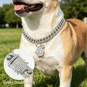 Close-up detail of rhinestone pet cuban chain collar, secure double lock clasp and paw charm.