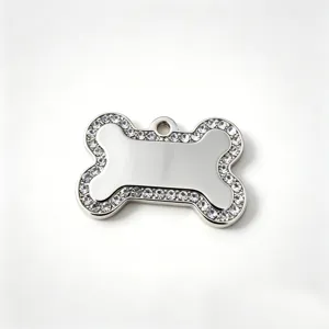 Stainless steel rhinestone bone dog tag pendant, engravable pet charm accessory for dogs and cats.