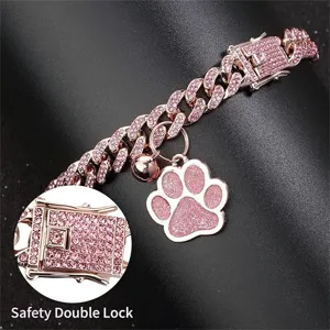 Rhinestone Pet Cuban Link Necklace with Paw Pendant Rose Gold Secure Lock Dog Collar