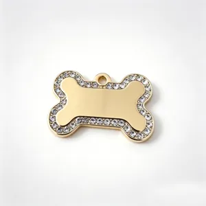 Gold rhinestone bone pet ID tag stainless steel dog collar pendant engravable blank charm accessory