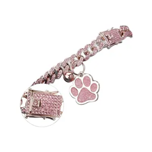 Pink rhinestone pet Cuban link collar with cute paw pendant and bell for dogs and cats.