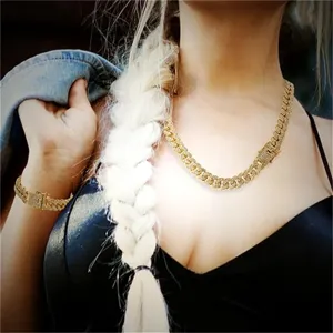 Premium iced out gold Cuban link necklace and bracelet set for hip hop streetwear style