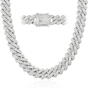 Detailed macro view of the iced out clasp on a silver Cuban link chain necklace