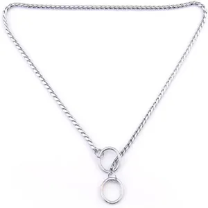 Detailed view of a silver stainless steel snake chain dog training collar with metal rings