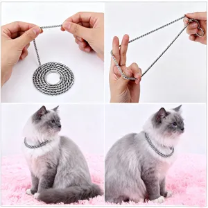 Detailed views of stainless steel snake chain collar shown on a cat