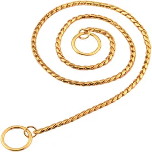 Macro detail of a golden stainless steel snake chain collar for pet dog training