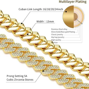 Detailed view of 13mm iced out cubic zirconia and gold plated Cuban link chains