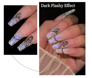 Detailed view of polarized crushed diamond nail glitter powder on long press-on nails