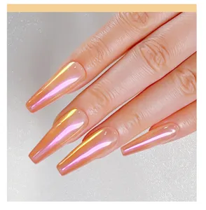 Detailed close-up of long coffin nails with high-shine pink aurora moon chrome powder