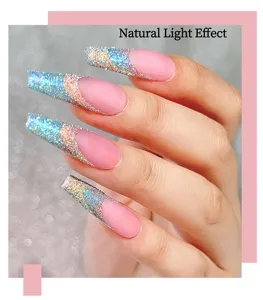 Close-up of polarized glitter nail powder on matte pink coffin nails under natural light
