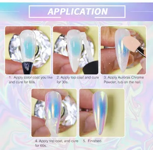 Comprehensive step-by-step guide for applying iridescent aurora chrome nail powder effect.