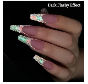 Close-up of holographic glitter nail art with dark flashy effect for DIY press-on nails