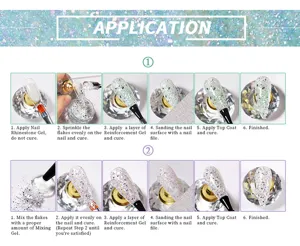 Detailed step-by-step application guide for iridescent nail flakes and glitter powder.