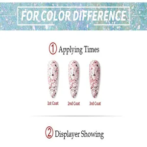 Comparison of 1, 2, and 3 coats of polarized shimmering nail art glitter powder.