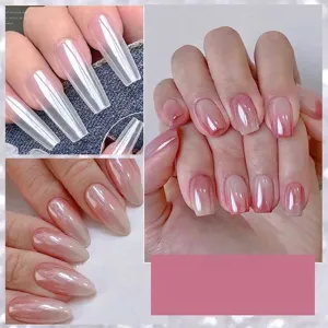High-gloss aurora pearl nail powder showing various chrome effects on manicured nails
