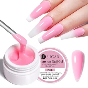 UR SUGAR Pink Solid Extension Nail Gel in jar shown with manicured ombre nails