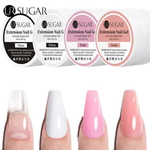 UR SUGAR solid extension nail gel set of 4 colors with manicured nail demonstration.
