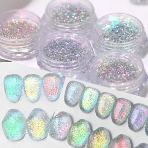 Iridescent holographic nail art glitter powder set with sparkling opal flakes decoration