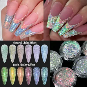 Holographic polarized nail glitter powder showing natural and flashy light effects on nails