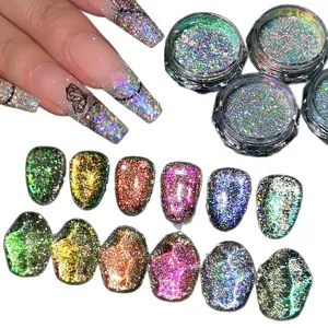 Professional holographic nail glitter powder set with aurora iridescent finish for DIY