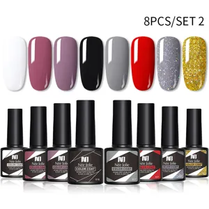 Detailweergave van de 8-delige NeeJolie gel nagellak set met effen en glitter afwerkingen.