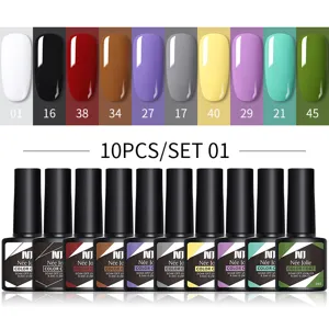 Vista detallada del juego de 10 esmaltes de uñas de gel UV LED de Née Jolie con muestras