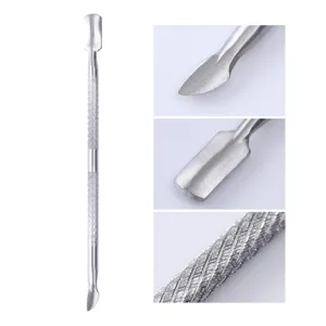 Detailed views of dual-ended stainless steel cuticle pusher for professional nail care